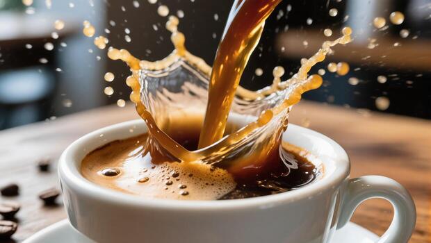Coffee Pouring Into Cup Creating Splash in Cozy Cafe During Morning Hours photo
