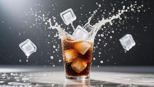 Bubbles and Splashes Erupt From Glass of Cola With Ice Cubes in a Dynamic Freeze Frame photo