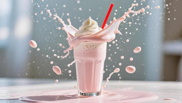 Delicious Pink Milkshake Splashes in a Bright Setting With Whipped Cream and a Red Straw photo