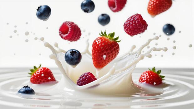 Vibrant Berries Splash in Creamy Milk Creating a Delightful Scene of Freshness and Flavor photo