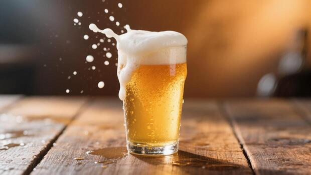 Refreshing Glass of Beer Tipping Over on a Wooden Table With Foam Splashing in a Warm Setting photo