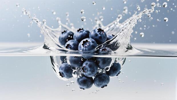 Fresh Blueberries Create Splash Effect in Clear Water With Beautiful Bubbles photo