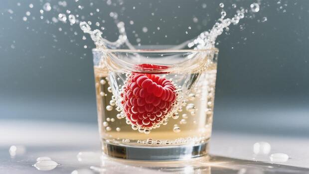 Bubbly Drink With Fresh Raspberry Splashing in a Glass During a Vibrant Celebration Event photo