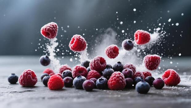 Berries Splashing With Sugar on a Dark Surface Showcasing Freshness and Vibrant Colors photo