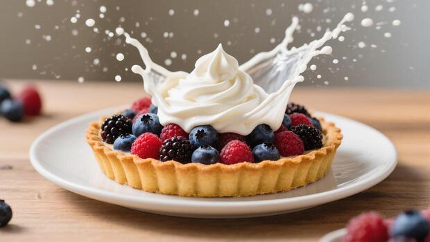 Delightful Berry Tart Topped With Whipped Cream and Splashes on a Wooden Table photo