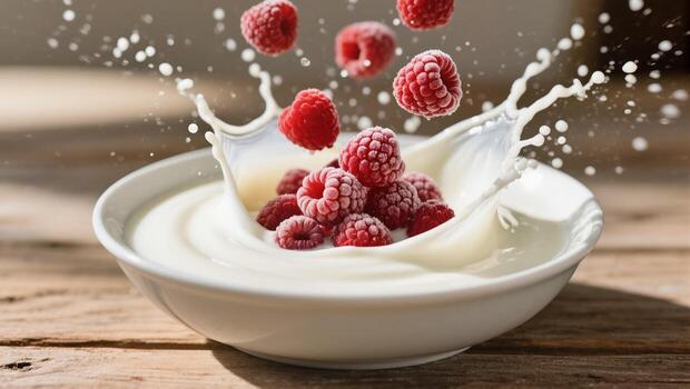 Raspberries Splash Into Creamy Yogurt Bowl Creating a Delightful Dessert Moment photo