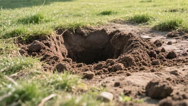 Digging a Shallow Hole in a Grassy Area During Daytime Hours With Dirt Piled Around the Opening photo