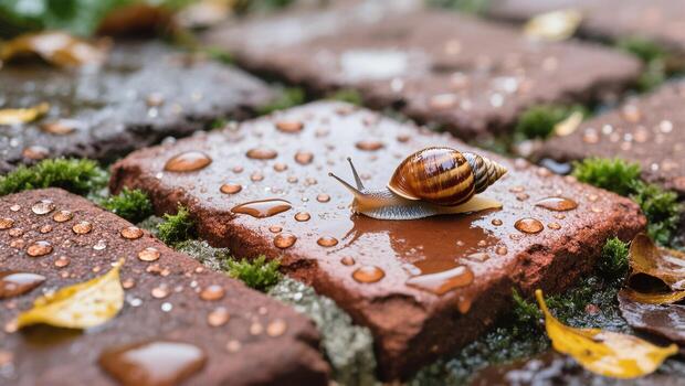 Snail Crawling on Wet Bricks With Raindrops and Autumn Leaves on a Chilly Day in the Garden photo