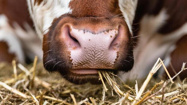 Close up of Cow Nose Enjoying Straw in a Peaceful Barn Environment During Daytime photo