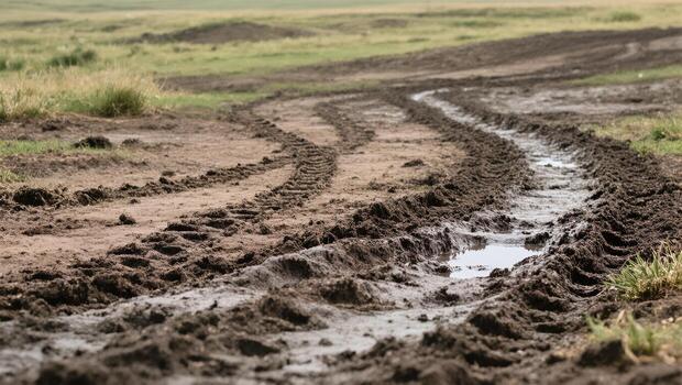 Tracks Left by Vehicles on Wet Soil in a Grassy Field During Daylight Hours photo