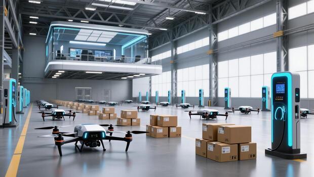 Modern Warehouse Equipped With Drones and Charging Stations for Efficient Logistics Operations photo