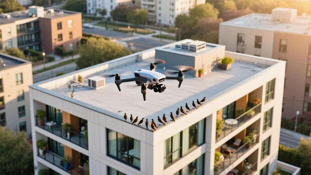 Drone Hovering Above a Rooftop With Birds Perched on the Edge During Golden Hour in an Urban Setting photo