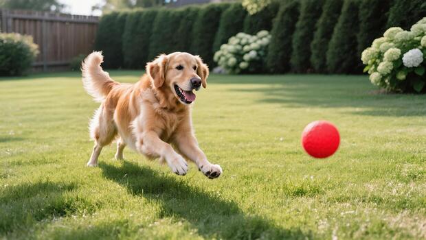 Happy Golden Retriever Plays Fetch With a Red Ball in a Sunny Backyard Surrounded by Greenery photo