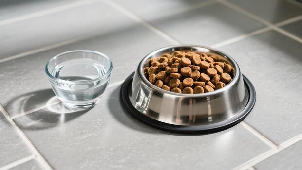 Pet Feeding Station With Kibble and Water on a Tiled Surface in a Modern Home Setting photo