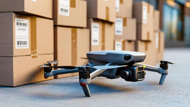 Drone Positioned Near Several Cardboard Boxes in an Urban Delivery Area During Daylight photo