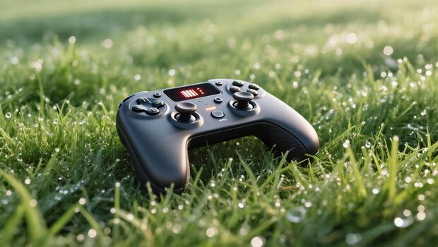 Gaming Controller Resting on Dew-Covered Grass in a Serene Outdoor Setting During the Early Morning photo