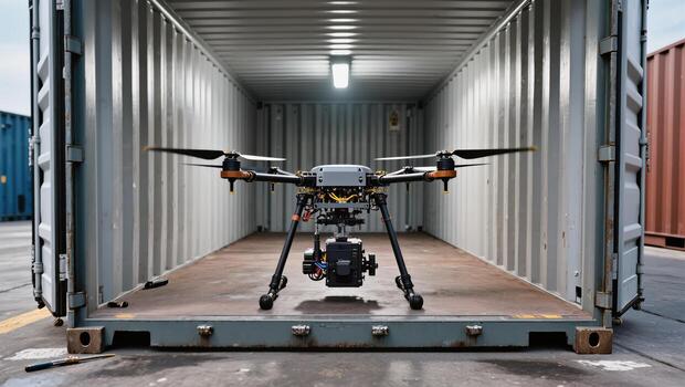 Drone Positioned in Shipping Container at Logistics Facility During Afternoon Hours photo