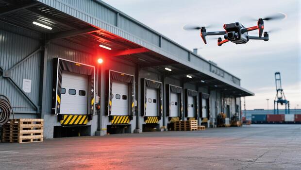 Drone Flying Over Loading Docks at Industrial Site During Early Morning Hours photo