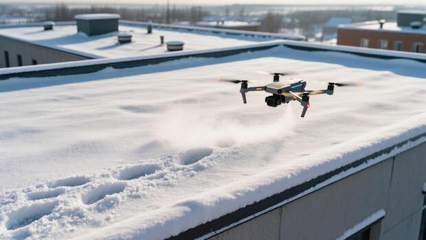 Drone Hovering Above a Snowy Rooftop in a Cold Winter Landscape With Visible Footprints photo