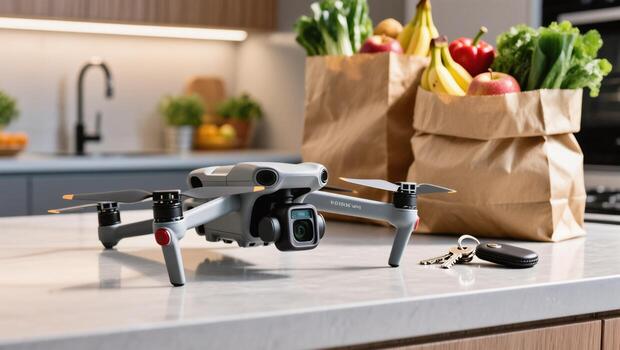 Drone Rests on Kitchen Counter Next to Grocery Bags Filled With Fresh Produce and a Set of Keys photo