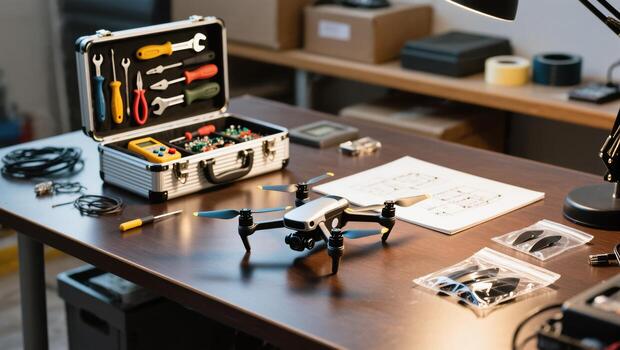 Drone Kit on a Workbench With Tools, Schematics, and Spare Parts in a Well-Lit Workspace photo
