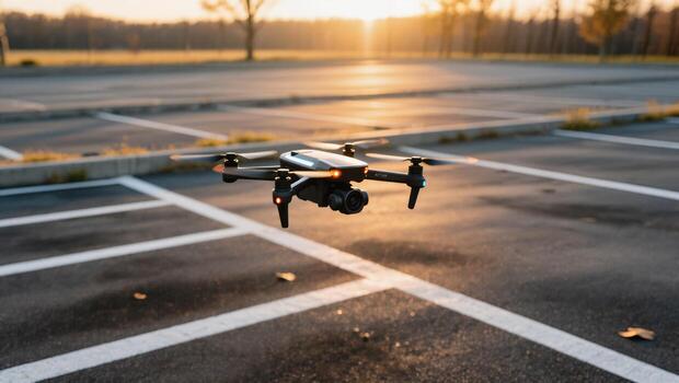 Advanced Drone Captures Stunning Aerial View During Sunset Over an Empty Parking Lot photo