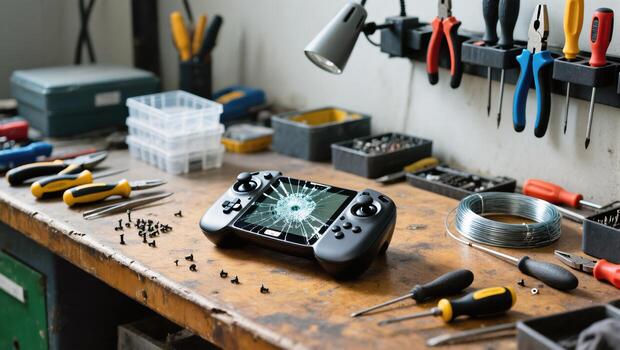 Broken Gaming Controller Displayed on a Cluttered Workshop Table Surrounded by Tools and Supplies photo