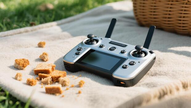 Bread Crumbs Scattered Near a Drone Controller on a Blanket in a Sunny Outdoor Setting photo