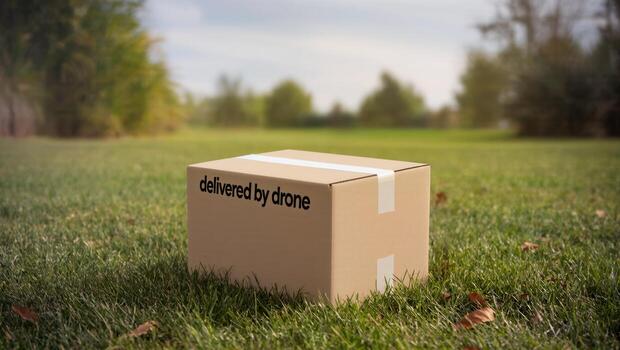 Package Delivered by Drone on a Sunny Day in a Grassy Area With Scattered Leaves and Trees photo