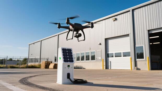 Drone Charging at a Solar-Powered Station Outside a Warehouse in Broad Daylight photo