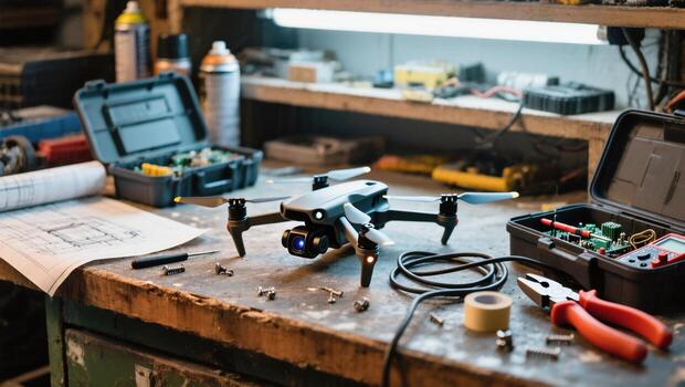 Drone on a Workbench With Tools and Equipment in a Workshop Setting photo