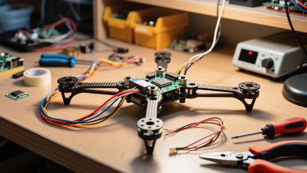 Drone Assembly Workshop With Components and Tools on a Workbench photo