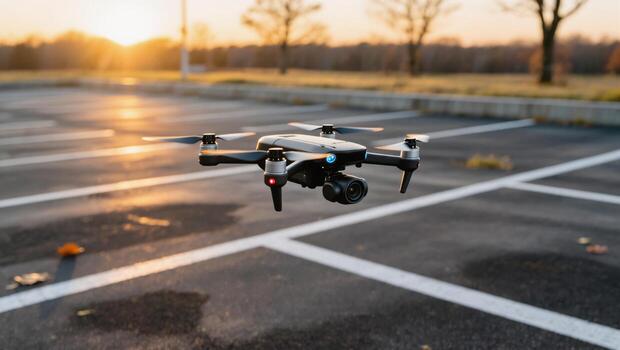 Drone Hovering in Empty Parking Lot During Sunset in a Quiet Location photo