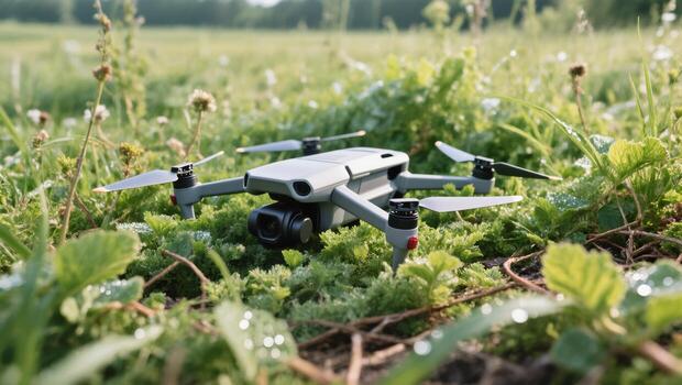 Exploring Nature With a Drone on a Sunny Day in a Vibrant Green Field photo