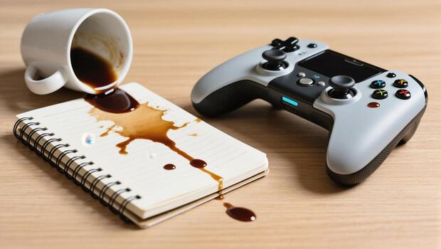 Coffee Spills on Notebook Beside Gaming Controller During Late-Night Gaming Session photo