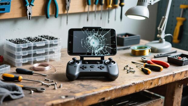 Broken Smartphone Displayed With Controller in a Cluttered Workshop During Daylight Hours photo