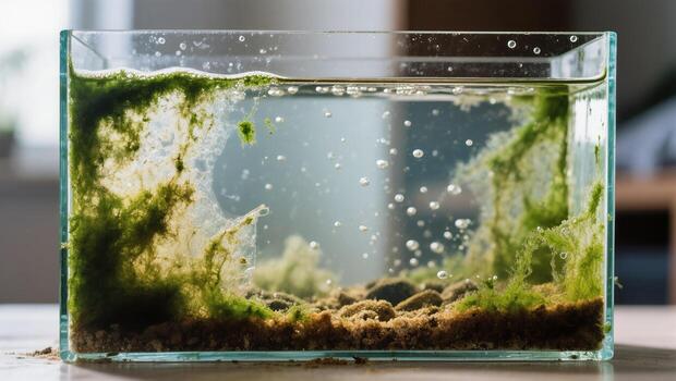 Exploring Aquatic Life in a Clear Tank With Vibrant Green Algae and Bubbles Forming in a Controlled Environment photo