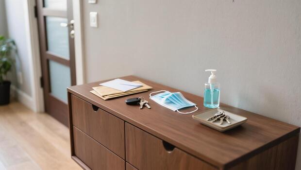 Entrance Area With Essential Items Like Masks, Keys, and Sanitizer During a Health-Conscious Period photo