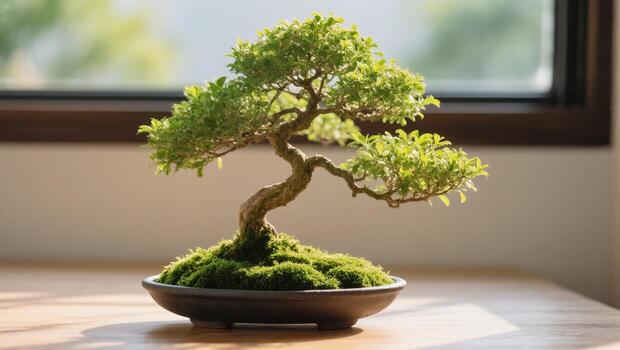 Bonsai Tree in a Ceramic Pot on a Wooden Table Near a Sunny Window photo