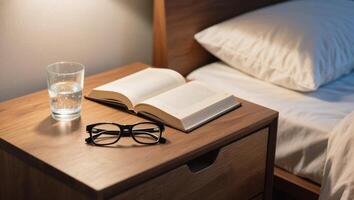 acogedor dormitorio ajuste a noche con abierto libro, anteojos, y vaso de agua en cabecera mesa foto