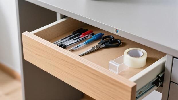 Desk Drawer Filled With Office Supplies Like Pens, Scissors, and Tape in a Modern Workspace photo