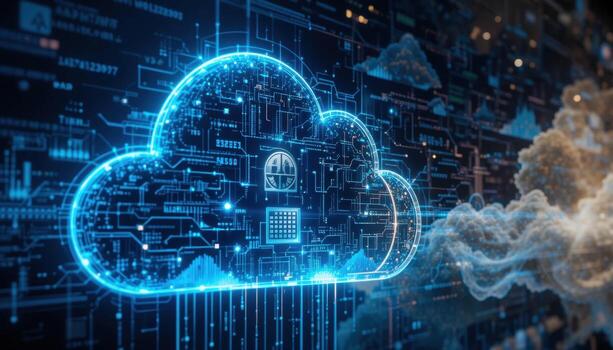 Digital Cloud Network With Circuit Patterns and Data Streams Illustrating Modern Technology Concepts photo