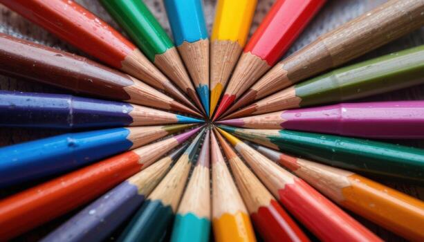 Colorful Arranged Colored Pencils Creating a Vibrant Circular Pattern on a Wooden Surface photo