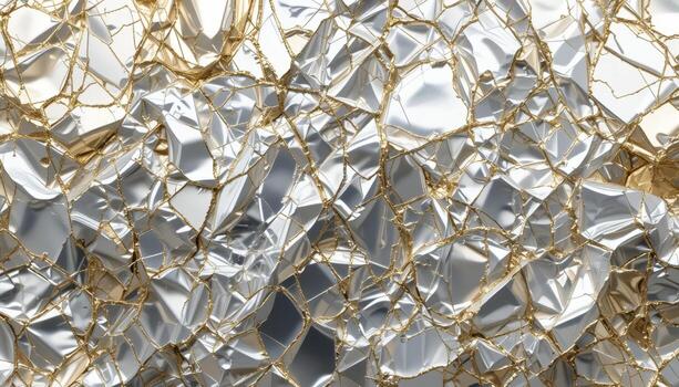 Crinkled Metallic Surface With Golden Threads Creating Intricate Patterns and Textures photo