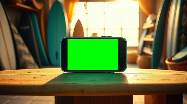 A green screen on a table in front of surfboards photo