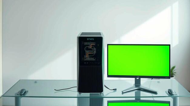 A computer monitor and a keyboard on a glass table photo