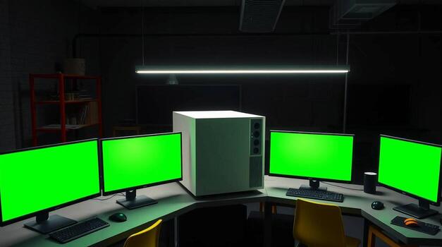 A computer room with three monitors and green screen photo
