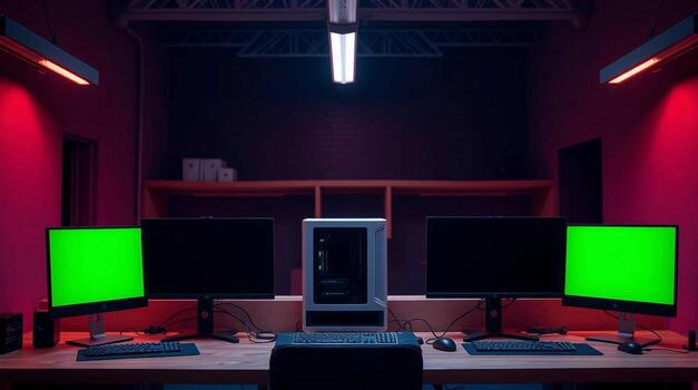 A computer room with three monitors and a computer photo