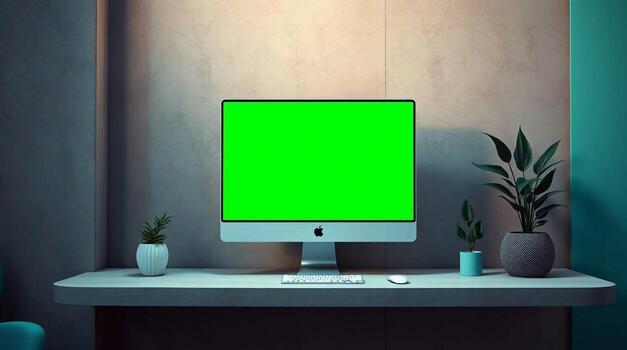 Modern desktop computer with green screen display on a desk photo