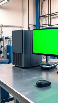 Computer workstation with green screen in a workshop setting photo